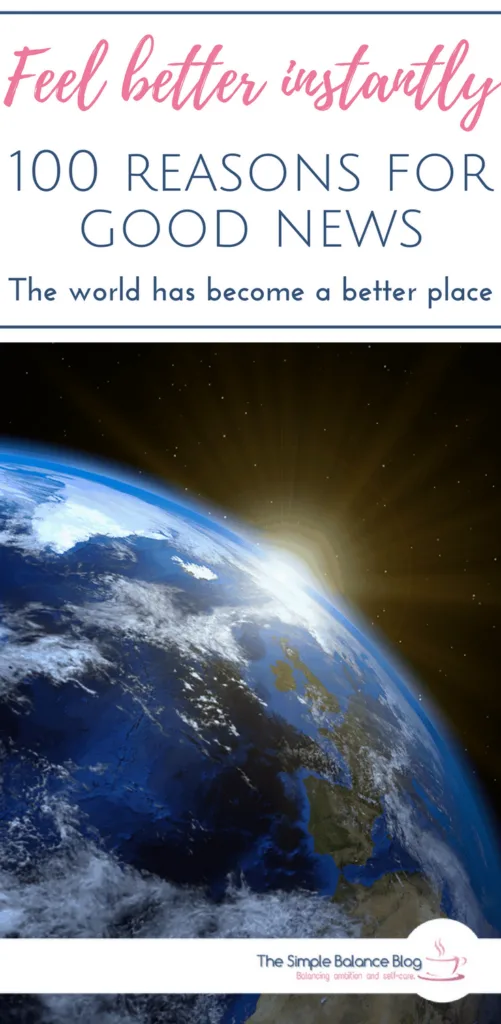 Image of earth with rising sun. Text:!100 reasons for good news. Why the world has become a better place."