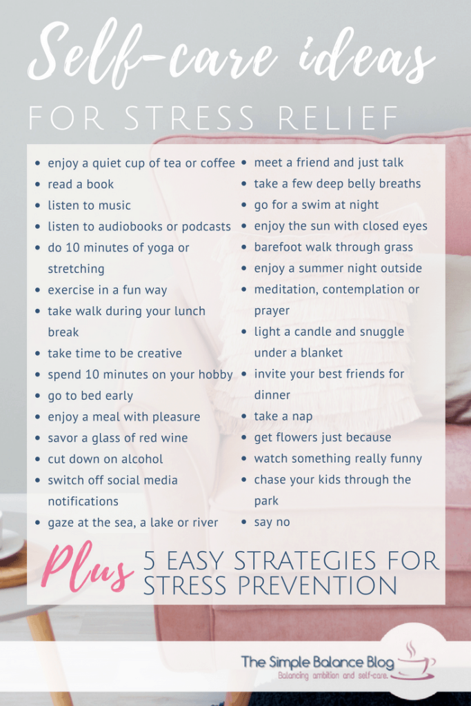 self care ideas for stress relied - bulleted list
