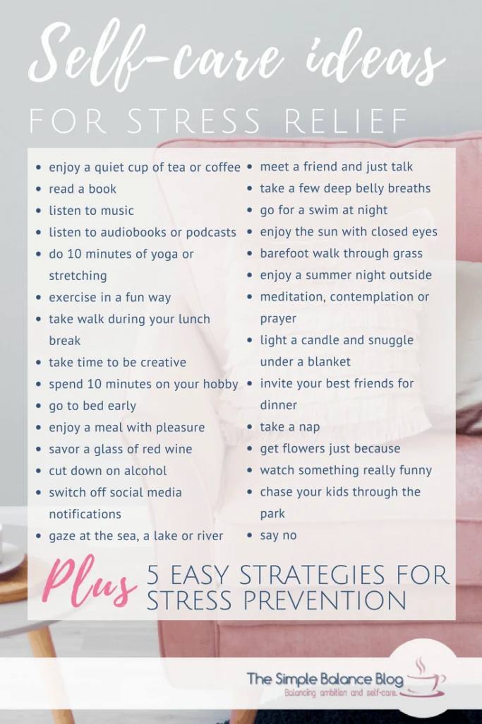 self care ideas for stress relied - bulleted list