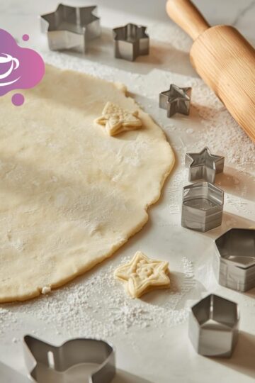 Rolling dough with cookie cutters nearby