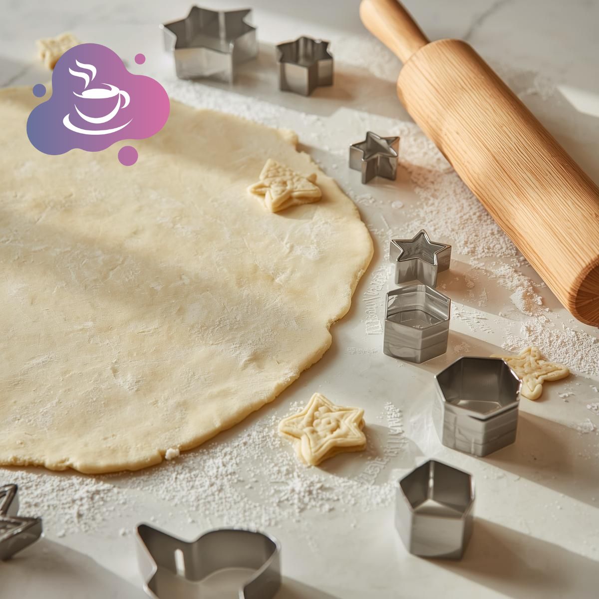 Rolling dough with cookie cutters nearby
