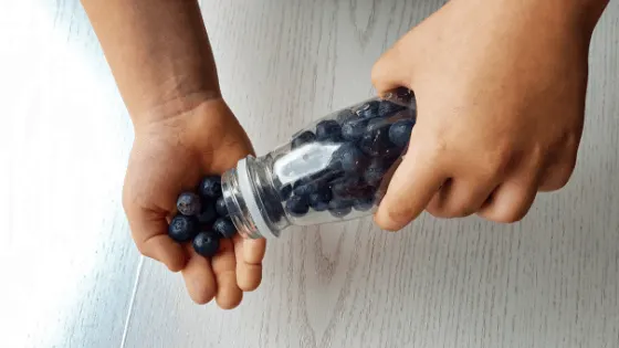 a person holding a bottle of blueberries