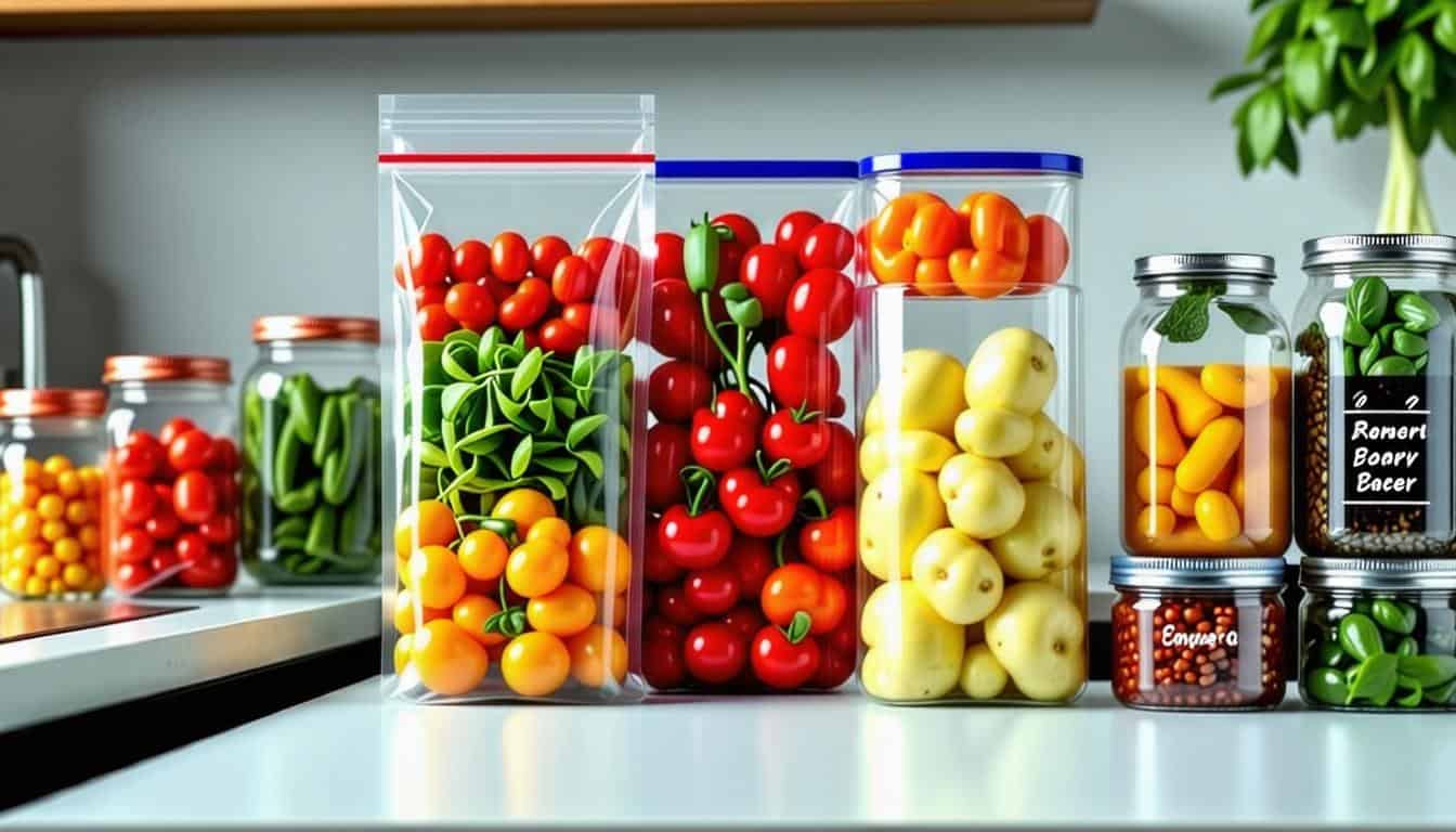 Vibrant fresh vegetables in clear bags on a modern kitchen countertop, showcasing culinary creativity.