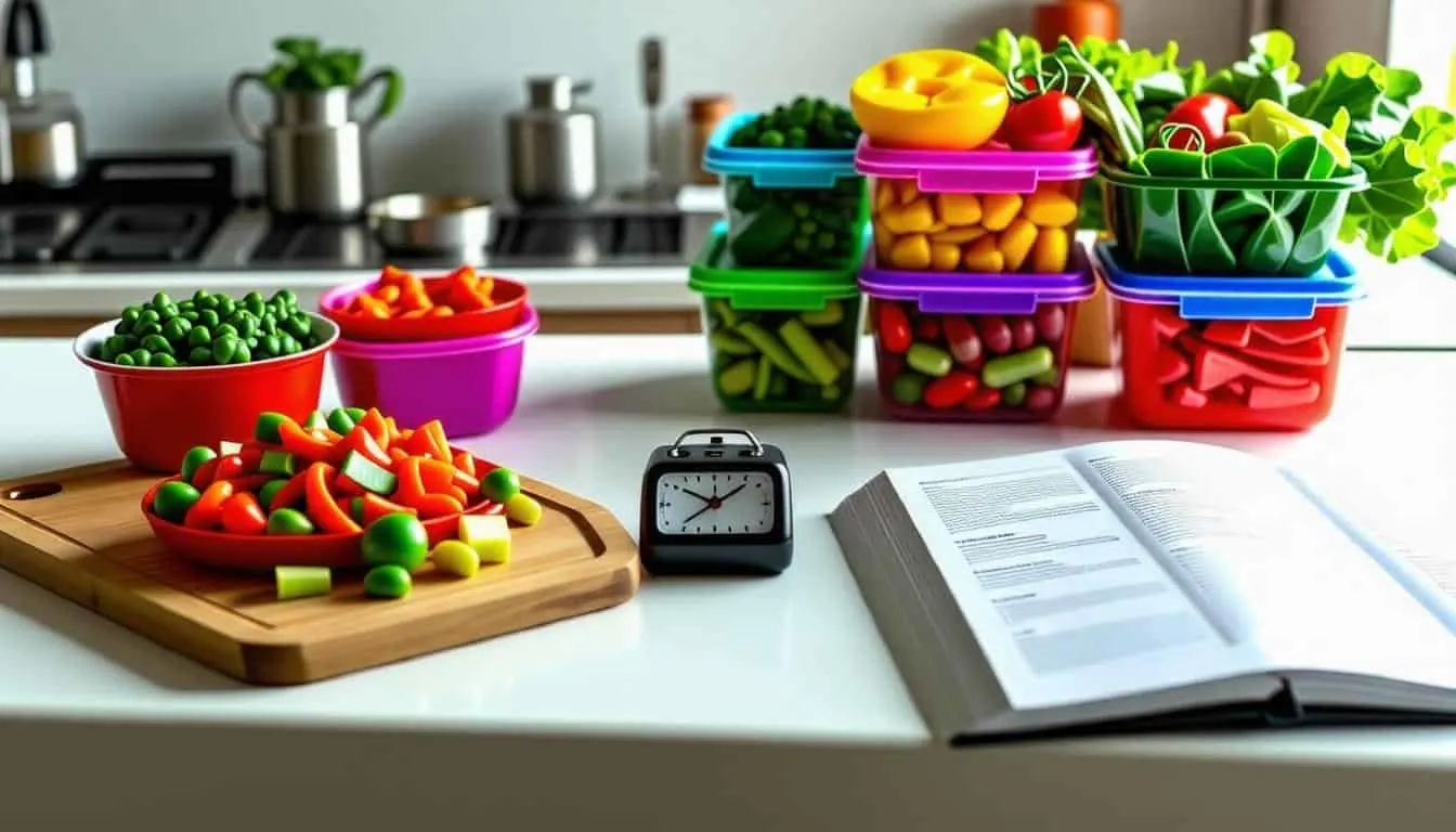 a clock next to a table with food - meal prep kitchen hack