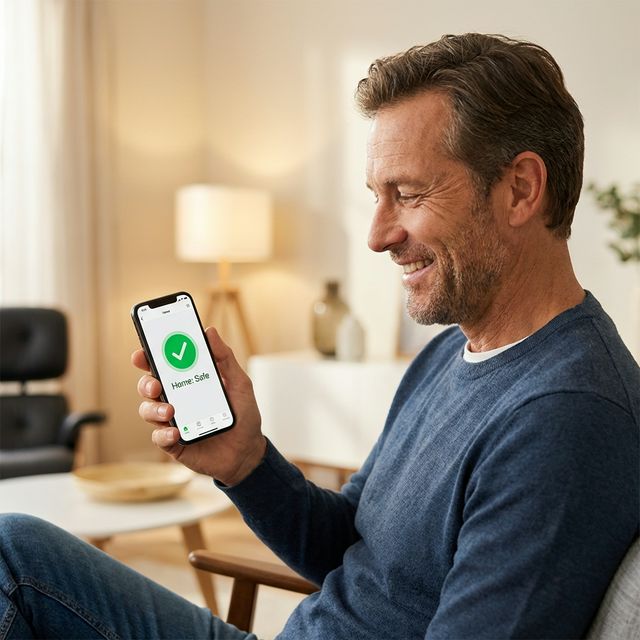Lifestyle_relieved_man smiling at smartphone confirmation, relaxed man at home.