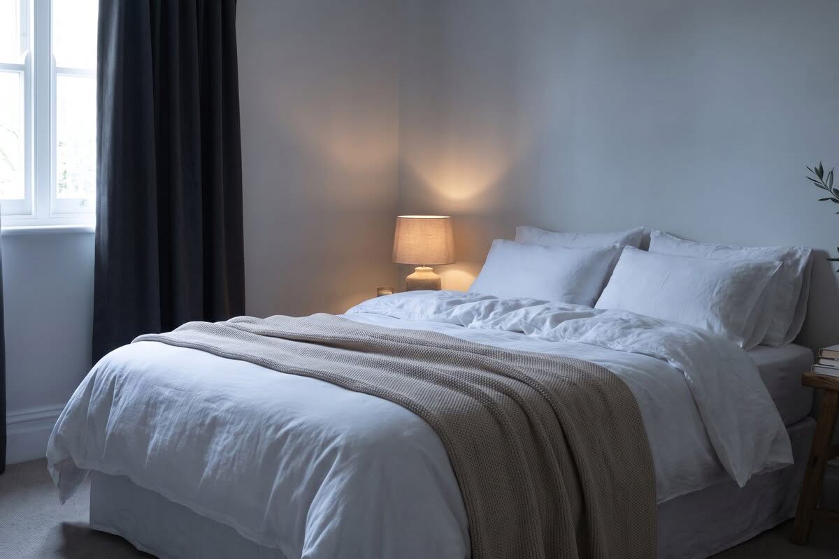 15 Simple Tips to Survive a Heat Wave (That Actually Work) 5 A simple bedroom with a darkened window and a light sheet on the bed