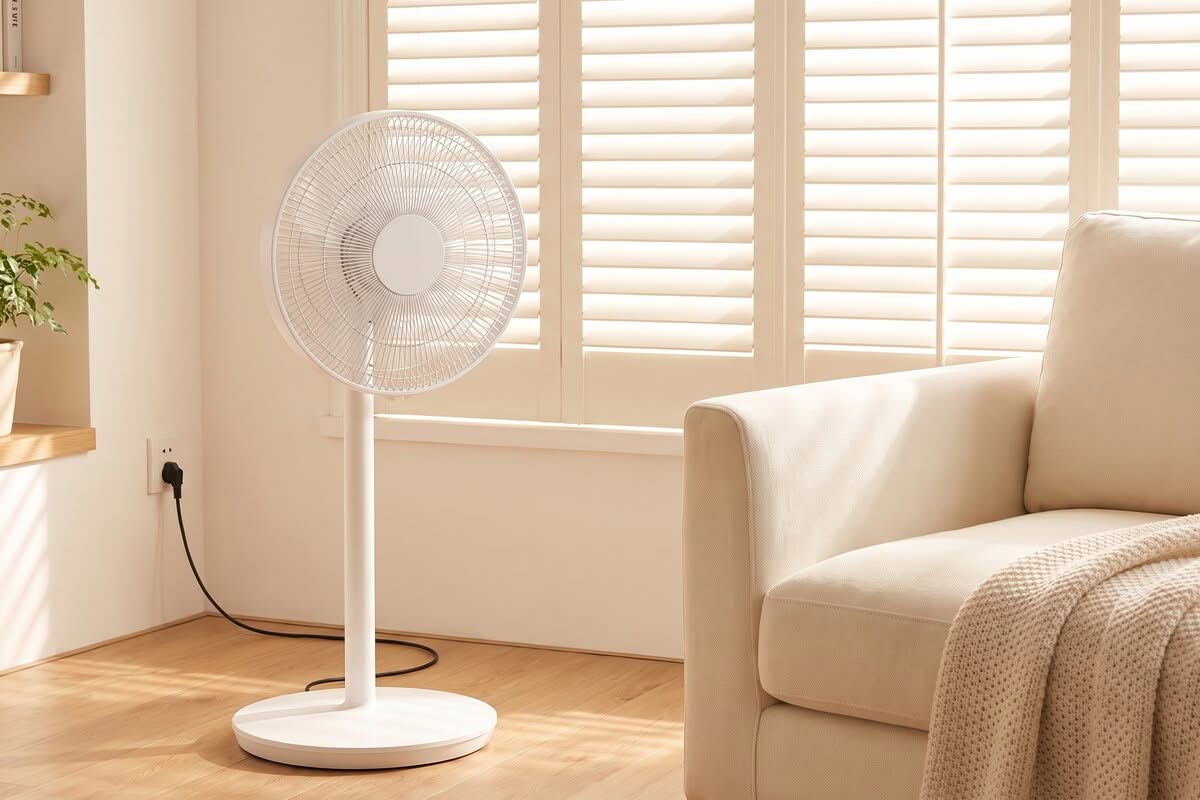 15 Simple Tips to Survive a Heat Wave (That Actually Work) 1 Closed blinds on a sunny window with a fan in the foreground