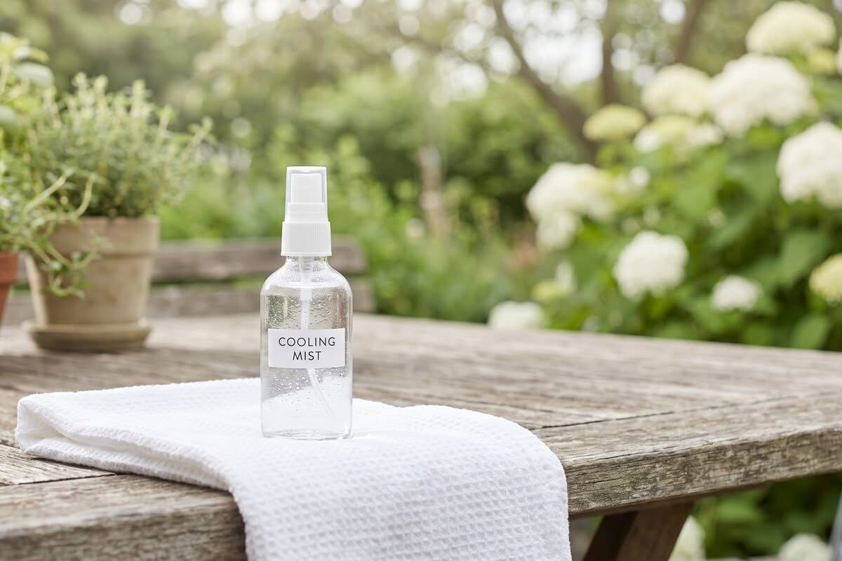 15 Simple Tips to Survive a Heat Wave (That Actually Work) 2 A small spray bottle with homemade cooling mist on a towel outdoors