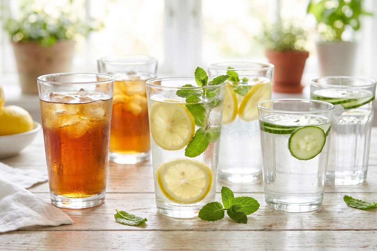 15 Simple Tips to Survive a Heat Wave (That Actually Work) 3 Several glasses of iced tea, lemon water, and mint on a table