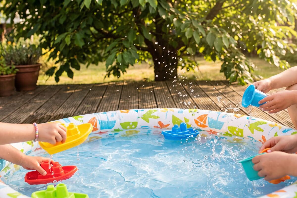 15 Simple Tips to Survive a Heat Wave (That Actually Work) 4 Children's hands playing with water toys and a small paddling pool in the shade